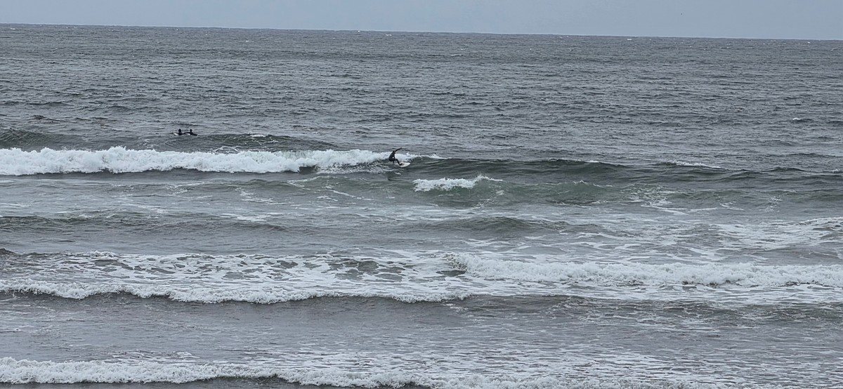 Surfer making a turn on a sandbar wave in front of the shop